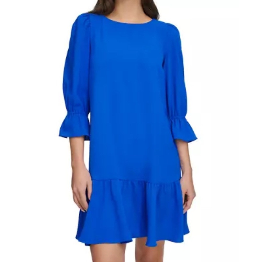DKNY Vibrant Royal Blue Puff Sleeve Ruffle Hem Minimalist Shift Dress Size 4 NWT